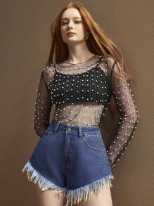 SHEIN EZwear 女士时尚流苏牛仔短裤，适合夏季 - 深色水洗藍 - 查看 7