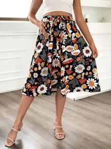 SHEIN 孕妇装雏菊印花扭结腰部中长裙，适合夏季度假 - 彩色 - 查看 1