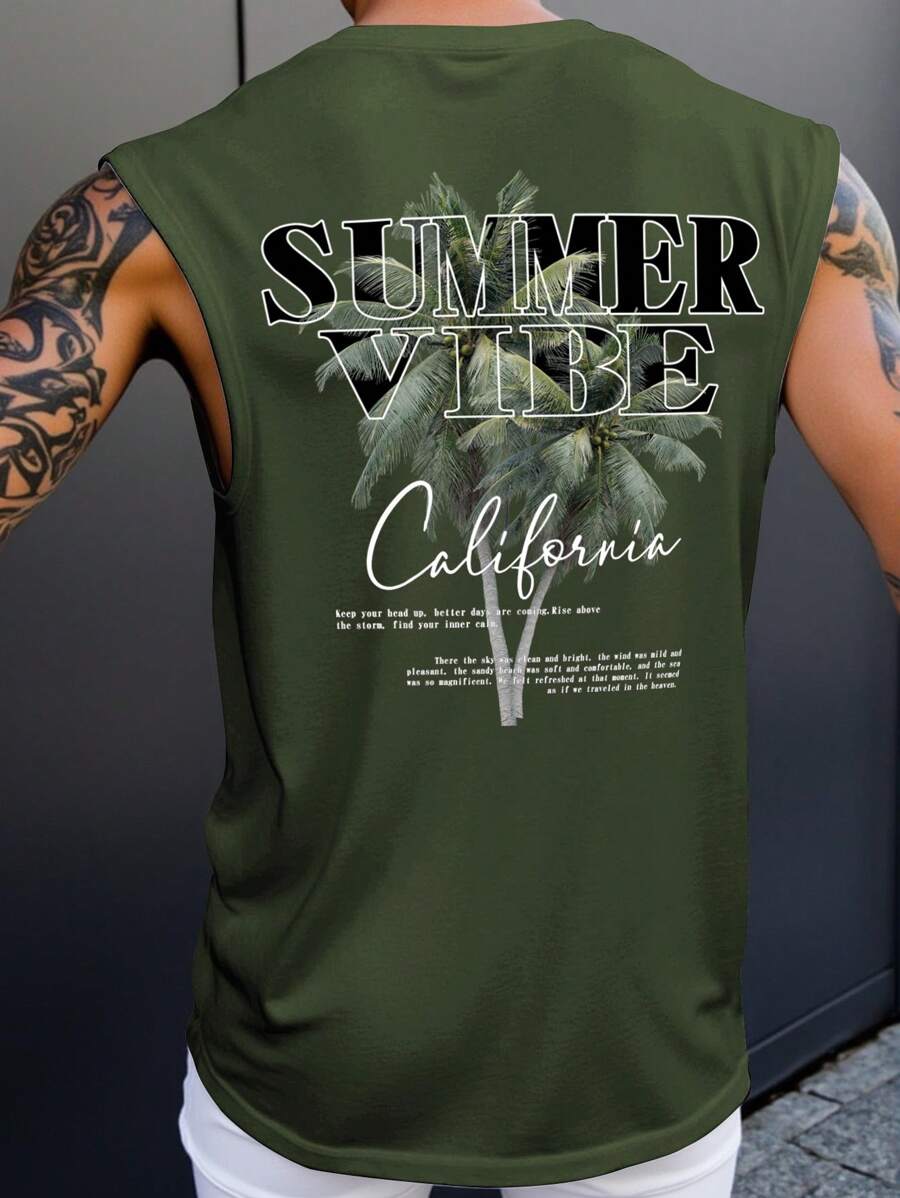 Manfinity Chillmode 男士休闲日常印花圆领无袖上衣 男士无袖T恤 无袖图案T恤 男士图案无袖上衣