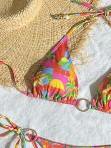 Swim Vcay Damen Lässig Strand Urlaub Rippen Strick Stoff Kokosnussbaum bedrucktes Trägertop und Seitenbindung Bikinihose mit Metallring Dekor Sommer Set