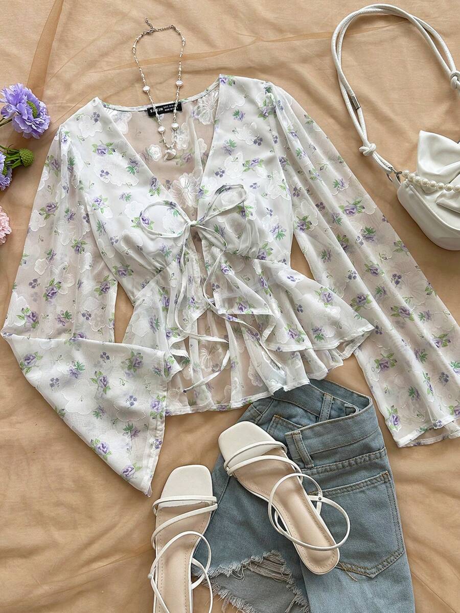 Soleia 女式 V 领花卉印花喇叭袖衬衫，带荷叶边下摆，适合春夏季度假、音乐节、波西米亚风、约会和下午茶 - 藍色 - 查看 1