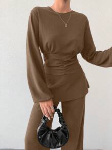 EURMUSE 女士休闲通勤长袖上衣和裤子两件套 - 摩卡棕 - 查看 4