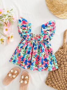 SHEIN Young Girl Woven Square Collar Ruffle Trim Casual Blouse