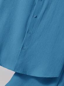 SHEIN 2pcs/Set Teenager Boy Casual Comfortable Textured Short Sleeve Shirt And Shorts Set Summer Clothes Short Sets For Teen Boys Boys Blue Short Set - Dusty Blue - View 4