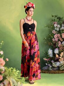 TIYA Frida Kahlo X SHEIN X Designer 正面扭花印花雪纺褶皱阔腿连体裤女装夏季服装 - 黑色 - 查看 1