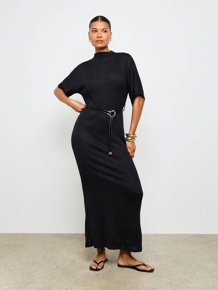 AiiRZ Belted Maxi Dress Mock Neck Long Length Elegant Fall Winter Special Occasion Party Fashion Statement Dolman Sleeve