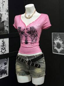 SHEIN DivaQ 女式透明印花V领半开襟短袖T恤 - 粉色 - 查看 4