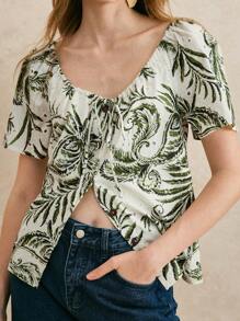 Écloséra Áo cánh trắng thêu hoa rỗng cổ tròn phong cách Pháp cổ điển, thắt dây rút, tay áo raglan, hàng khuy đơn cho nữ - Nhiều màu - Xem 3