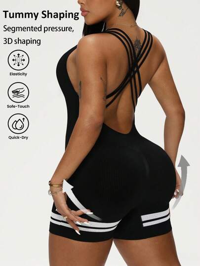 Rhythm Era Women Plus Size Colorblock Striped Criss-Cross Back Casual Summer Sports Jumpsuit