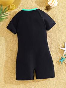 SHEIN Tween Boy Casual Sports Graphic One-Piece Swimsuit For Beach, Swimming, Surfing - Blue - View 2