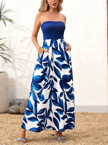 SHEIN Clasi 女士热带植物印花露肩夏季沙滩裙 - 藍白色 - 查看 4