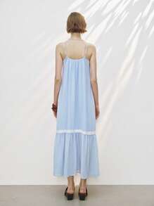 Lumivelle Romantisches blaues Damen Maxikleid mit Blumen Muster und Rüschen-Trägern, geeignet für den Urlaub