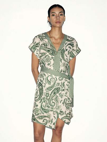 Lumivelle 女式休闲度假印花裹身式落肩短袖连衣裙，夏季