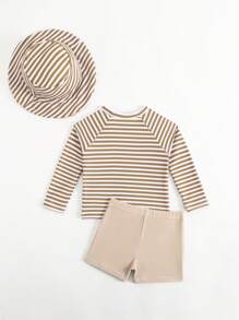 男婴条纹印花长袖泳衣套装，含泳帽，防紫外线，适合沙滩/游泳 - 彩色 - 查看 2