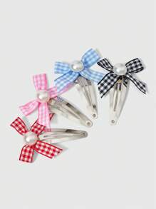 ROMWE Anime 4 Pieces Plaid Bow Hairpin, Multiple Pieces Metal Color BB Clip. - Multicolor - View 1