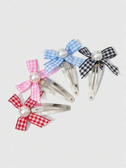 Anime 8 Pcs Random Color Cute Bow & Faux Pearl Hair Clips, Handmade Sweet Lolita Red, Pink, Blue, Black Plaid Printed BB Hair Clips, Colorful Creative Everyday Hair Accessories