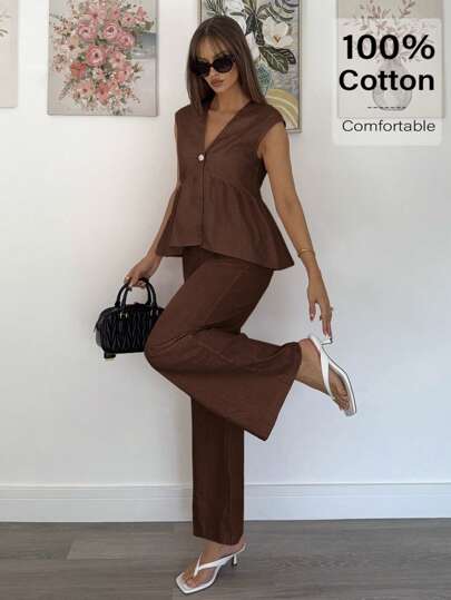 Siren Gaze 女士休闲纯色背心和裤子套装，适合夏季通勤 女士夏装 女士衣服 女士夏装连衣裙 女士夏装 女士加大服装 商务休闲纯棉两件套 女士棕色两件套 女士公司套装 女士两件套 女士服装两件套 女士夏季女士公司套装 两件夏季套装