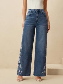 Anewsta Women's New Fashionable Elegant Embroidered Blue Straight-Leg Jeans, Suitable For Valentine's Day And Mother's Day - Blue - View 4