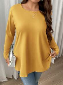 SHEIN Privé Camiseta de manga larga holgada y elástica de cuello redondo lisa, talla grande, adecuada para tiempo libre, hogar y ropa de resortacion - Amarillo - Ver 2