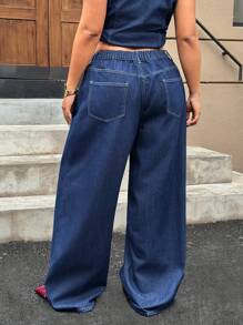 SHEIN ICON 大码女式口袋宽松喇叭休闲百搭牛仔裤 - 深色水洗藍 - 查看 2