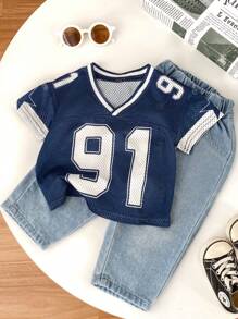 Camiseta deportiva informal y versátil de cuello en V de manga corta, cómoda, transpirable, fresca y con tejido que absorbe la humedad, apropiada para niños y niñas pequeños, adecuada para interior, exterior, diario, deportes, juego, fiesta, sesión de fotos, vacaciones, primavera/verano - Azul Marino - Ver 5