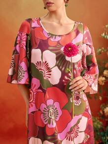 TIYA Frida Kahlo X SHEIN X Designer 花卉印花喇叭袖 A 字中长连衣裙女式夏季连衣裙度假装 - 彩色 - 查看 6