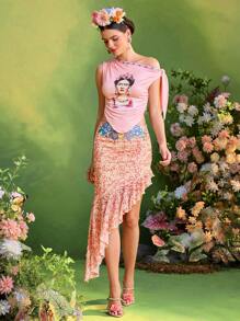 The Perfect Party Frida Kahlo X SHEIN X Designer 女士夏季度假海滩图案粉色不对称领口上衣 - 彩色 - 查看 6
