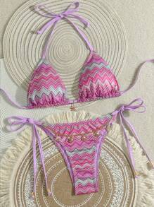 Swim Vcay Set bikini elegant și dulce pentru femei, în culori gradient, roz ondulat, pentru vacanță, vară