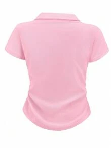 Tricou roz casual pentru femei, cu imprimeu Knight, cu rever și mânecă scurtă