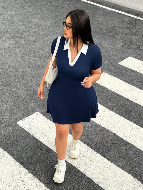 SHEIN EZwear Plus Size Collared Contrast Color Dress Tennis Dress Plus Size Polo Dress Women Navy Dress Sports Dress Navy Blue Dress,Summer Dresses For Women,Summer Vacation Dress,Business Casual Woman,Dresses For Women,Club Outfit,Airport Outfit For Women,Teacher Outfits For Women,Vacation Outfits Woman,Mesh, Cheetah Print Dress Collared Dress Preppy Dress Sporty Dress,Dresses Casual