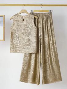 SHEIN Clasi 女士优雅宽松吊带背心和阔腿裤两件套，金箔装饰，婚礼/派对服装，春/夏 - 金色 - 查看 8
