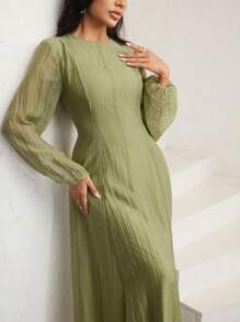 优雅的 3/4 袖高领褶饰腰部褶饰迷你连衣裙，百搭 - 紫色 - 查看 5