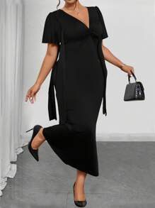 Elenzga Vestido de manga corta de unicolor y minimalista para mujer de talla grande - Negro - Ver 4