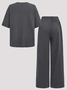 SHEIN Girlism 2 pièces Tenue décontractée pour filles en tricot gris avec col ras du cou, épaules raglan amples, manches bouffantes plissées, design minimaliste. Convient aux tenues décontractées, sport, ville, rentrée scolaire, pique-nique familial en plein air au printemps et à l'usage quotidien