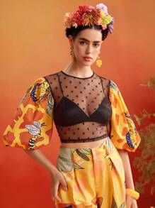 ISELACOS Frida Kahlo X SHEIN X Designer Polka Dot Transparent Mesh Printed Lantern Sleeves Sexy Top Women Summer Top - Multicolor - View 3