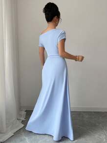 SHEIN Tall Women's Summer Elegant Refined Solid Color Asymmetric Collar Batwing Sleeve Ruched Fitted Dress