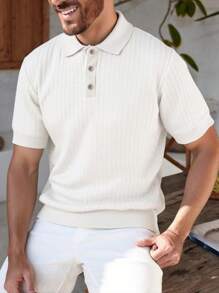 Manfinity Homme 男士休闲纯色部分纽扣门襟 Polo 领短袖针织上衣