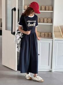 DAZY Teenage Girl Letter Print Round Neck Short Sleeve Casual Dress, Summer,Back To School Clothes