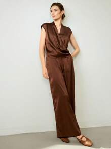 Uhlyne Bộ đồ 2 món cho nữ, gồm áo crop top dệt xếp ly cổ chữ V và tay lửng, quần ống đứng trơn, thanh lịch khi đi làm, mùa hè - màu nâu - Xem 7