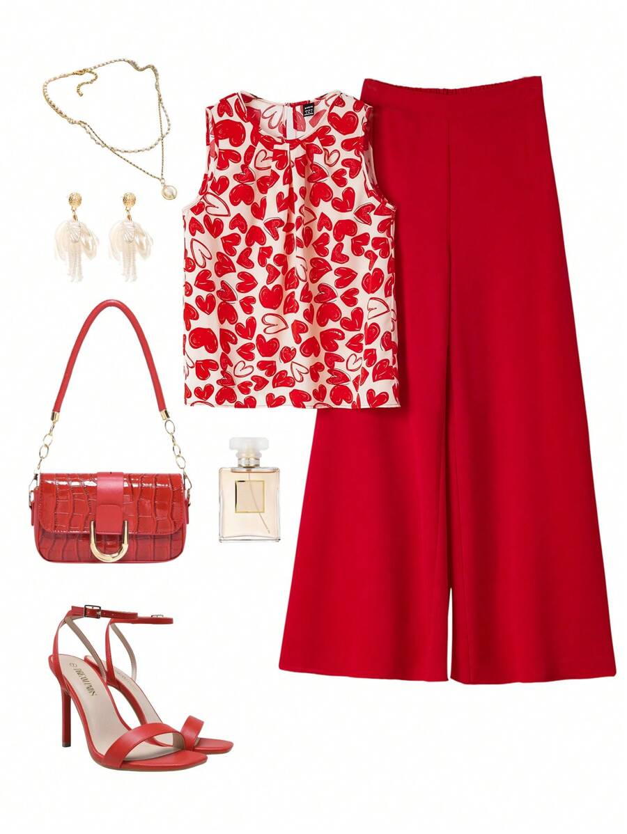 Ellevyn 女士优雅舒适心形印花图案无袖衬衫和阔腿裤两件套，情人节夏季女士连衣裙两件套女士情人节服装 - 彩色 - 查看 1