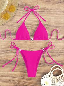 Swim Vcay Women's Solid Color Simple Daily Halter Neck Swimwear Set For Summer Beach Vacation - Hot Pink - View 1