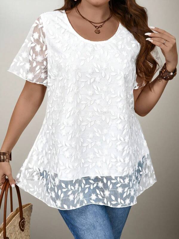 Flouryn Große Größen-Blusen für Damen mit gewebtem Blumen Muster und Mesh