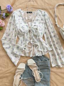 Soleia 女式 V 领花卉印花喇叭袖衬衫，带荷叶边下摆，适合春夏季度假、音乐节、波西米亚风、约会和下午茶 - 藍色 - 查看 8