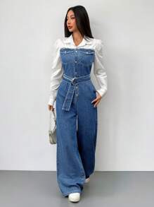 SHEIN ICON Women's Denim Jumpsuit With Adjustable Straps And Long Sleeves, Casual Fitted, Fall Women Clothes - Medium Wash - View 3