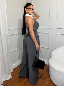 SHEIN SXY Women's Grey Chic Summer Minimalist Professional Collared Jumpsuit,Backless Wide Leg Office Business Formal Wear,Halter Jumpsuit - Grey - View 2