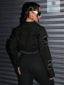 SHEIN ICON Casual Destroyed Washed Cropped Denim Jacket - Black - View 2