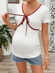 SHEIN 孕妇装撞色系带简约日常短袖T恤