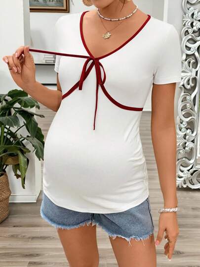 SHEIN 孕妇装撞色系带简约日常短袖T恤