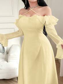 Feyla Women's Elegant Solid Color Ruffle Flare Sleeve Halter Dress - Yellow - View 4