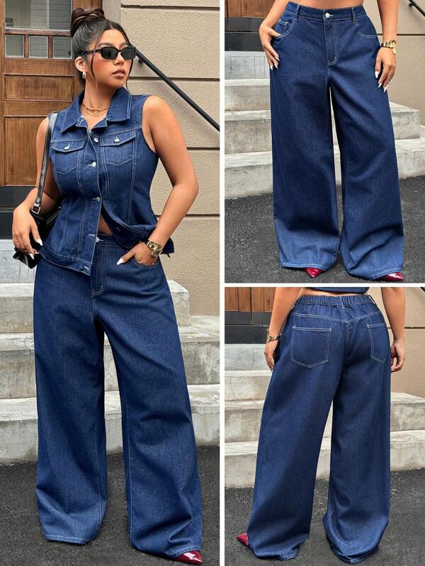 SHEIN ICON Plus Size Women's Pockets Loose Flare Casual Versatile Jeans